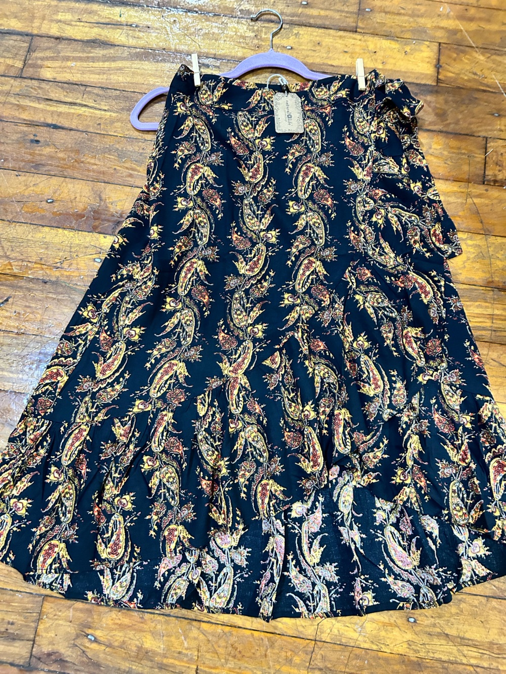 Black Paisley Midi Wrap Skirt with Gold & Rust Floral Print